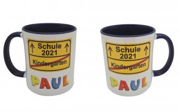 Tasse Einschulung - Schild gelb + Wunschname + Datum