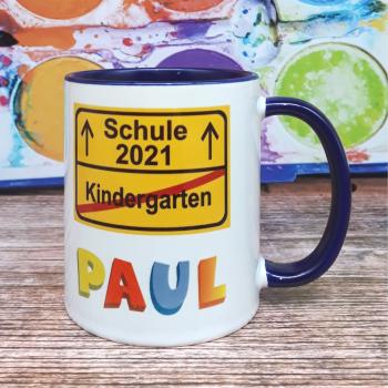 Tasse Einschulung - Schild gelb + Wunschname + Datum