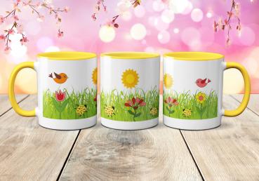 Tasse Frühling - Frühlingswiese mit Sonne, Blumen, Vögel, Marienkäfer