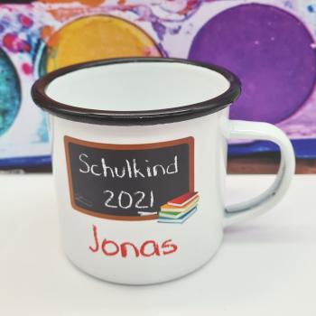 Tasse Schulanfang Junge Tafel/Wunschname - Emaillebecher weiß - 2 Größen