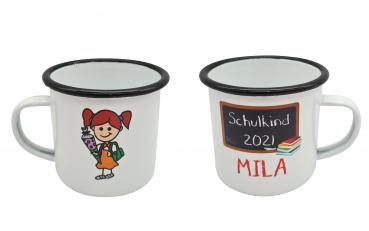 Tasse Schulanfang Mädchen Tafel/Wunschname - Emaillebecher weiß - 2 Größen