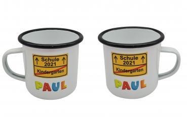 Tasse Schulanfang Schild + Wunschname - Emaillebecher weiß - 2 Größen