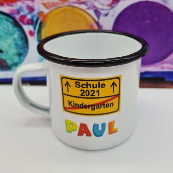 Tasse Schulanfang Schild + Wunschname - Emaillebecher weiß - 2 Größen