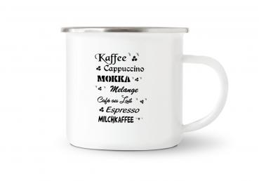 Tasse Kaffee - Kaffeesorten - Emaillebecher weiß - 2 Größen