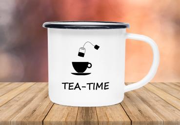 Tasse Tee - TEA-TIME (Teetasse + Teebeutel) - Emaillebecher weiß - 2 Größen