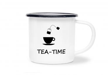 Tasse Tee - TEA-TIME (Teetasse + Teebeutel) - Emaillebecher weiß - 2 Größen