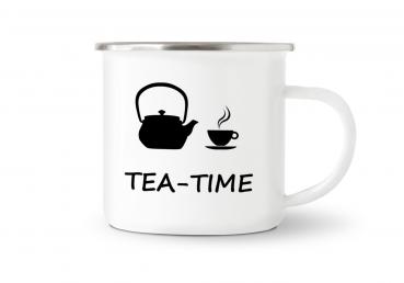 Tasse Tee - TEA-TIME (Teekanne + Teetasse) - Emaillebecher weiß - 2 Größen