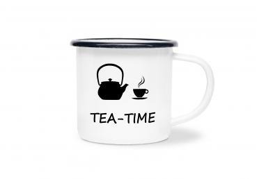 Tasse Tee - TEA-TIME (Teekanne + Teetasse) - Emaillebecher weiß - 2 Größen