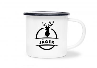 Tasse Jagd - Hirsch mit Jäger - Emaillebecher weiß - 2 Größen