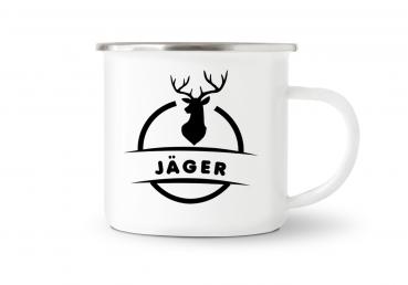 Tasse Jagd - Hirsch mit Jäger - Emaillebecher weiß - 2 Größen