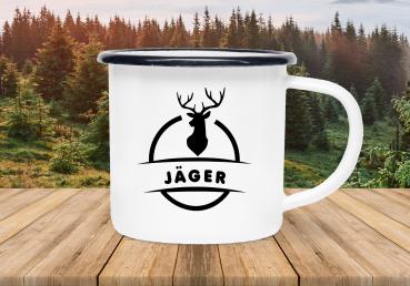 Tasse Jagd - Hirsch mit Jäger - Emaillebecher weiß - 2 Größen