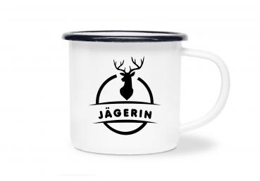 Tasse Jagd - Hirsch mit Jägerin - Emaillebecher weiß - 2 Größen