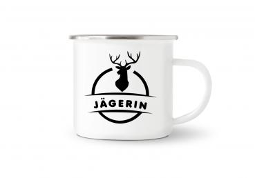 Tasse Jagd - Hirsch mit Jäger - Emaillebecher weiß - 2 Größen