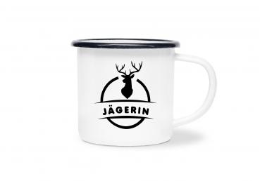 Tasse Jagd - Hirsch mit Jäger - Emaillebecher weiß - 2 Größen