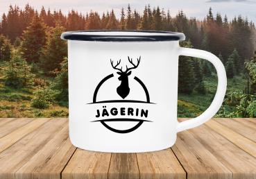 Tasse Jagd - Hirsch mit Jägerin - Emaillebecher weiß - 2 Größen