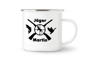 Tasse Jagd - Jagdemblem - Wunschname - Emaillebecher weiß - 2 Größen