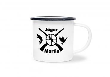 Tasse Jagd - Jagdemblem - Wunschname - Emaillebecher weiß - 2 Größen