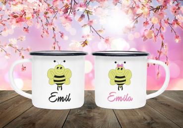 Emailletasse Frühling - Biene männlich/weiblich + Wunschname - Emaillebecher weiß - 2 Größen
