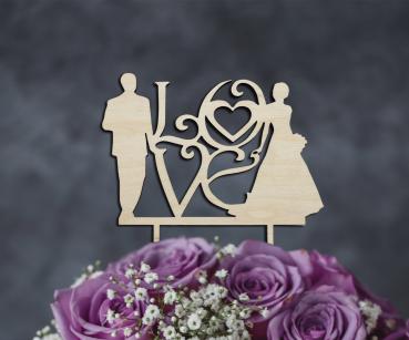 Tortenstecker Brautpaar mit Love aus Holz