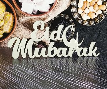 Schriftzug Eid Mubarak aus Holz in weiß