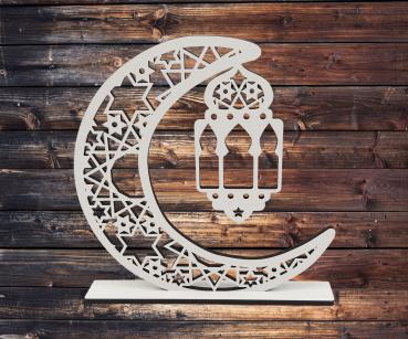 Aufsteller Mond mit Laterne zum Ramadanfest - aus Holz in weiß