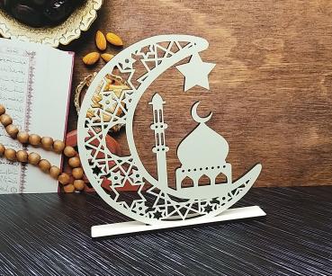 Aufsteller Mond mit Moschee und Stern zum Ramadanfest - aus Holz in weiß