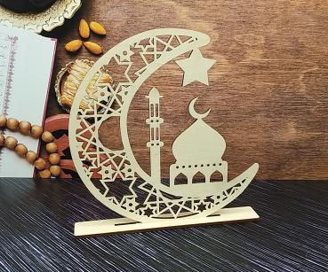 Aufsteller Mond mit Moschee und Stern zum Ramadanfest - aus Holz