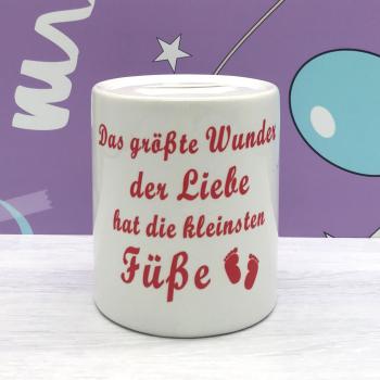 Spardose Geburt - Das größte Wunder der Liebe hat die kleinsten Füße - Wunschname/Datum/Personalisiert/Engel/Baby/Spruch/Zitat/Geld