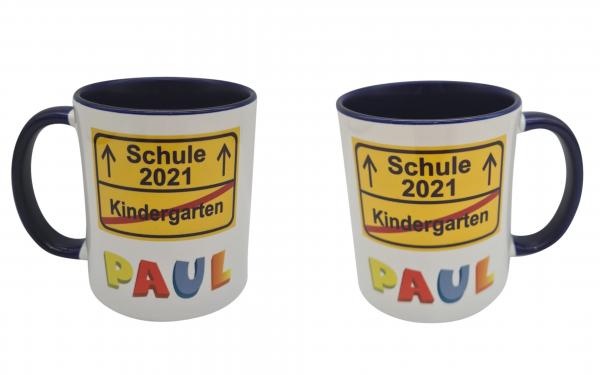 Tasse Einschulung - Schild gelb + Wunschname + Datum