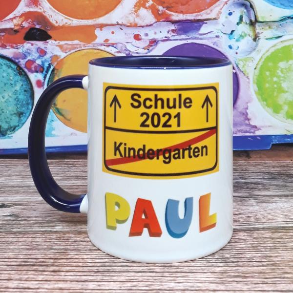 Tasse Einschulung - Schild gelb + Wunschname + Datum