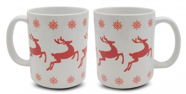 Tasse - Rentiere mit Schneeflocken rot