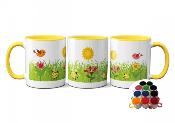 Tasse Frühling - Frühlingswiese mit Sonne, Blumen, Vögel, Marienkäfer