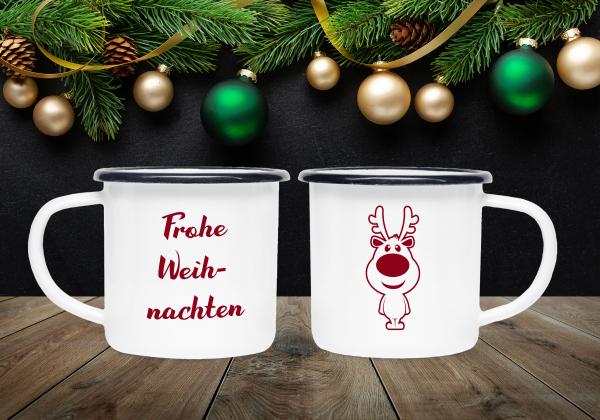 Frohe Weihnachten Rentier - Emaillebecher weiß - 2 Größen