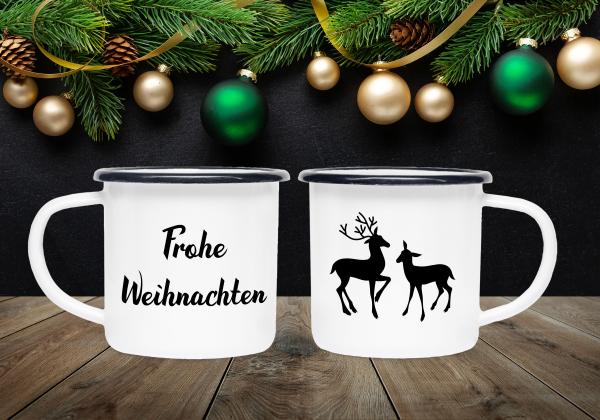 Frohe Weihnachten Rentiere - Emaillebecher weiß - 2 Größen