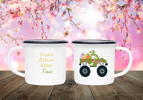 Emailletasse Ostern - Frohe Ostern mit Truck + Wunschname