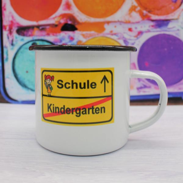 Tasse Schulanfang - Schild Schule/Kindergarten Mädchen - Emaillebecher weiß - 2 Größen