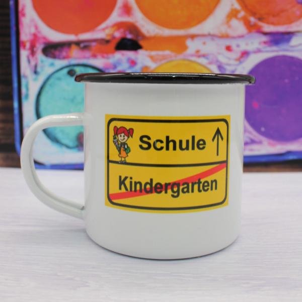 Tasse Schulanfang - Schild Schule/Kindergarten Mädchen - Emaillebecher weiß - 2 Größen