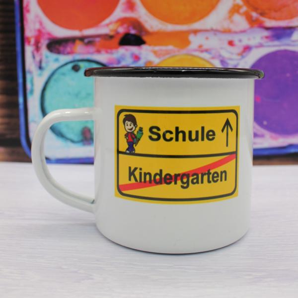 Tasse Schulanfang - Schild Schule/Kindergarten Junge - Emaillebecher weiß - 2 Größen