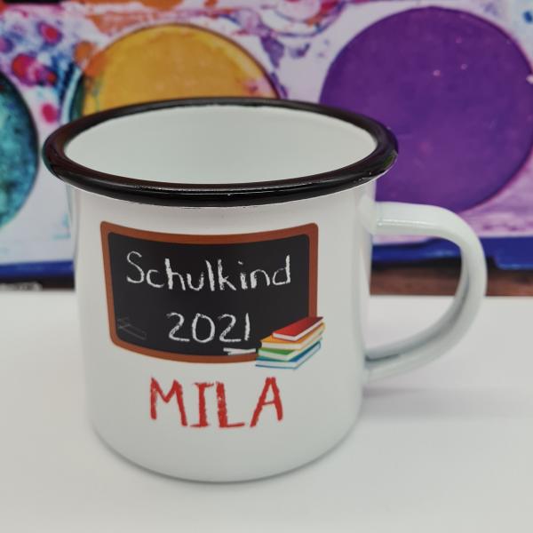 Tasse Schulanfang Mädchen Tafel/Wunschname - Emaillebecher weiß - 2 Größen