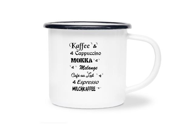 Tasse Kaffee - Kaffeesorten - Emaillebecher weiß - 2 Größen