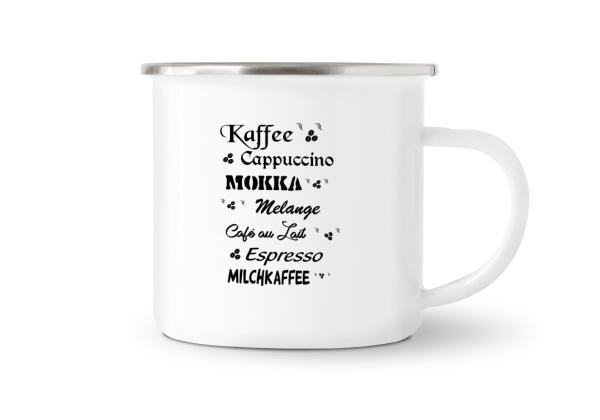 Tasse Kaffee - Kaffeesorten - Emaillebecher weiß - 2 Größen