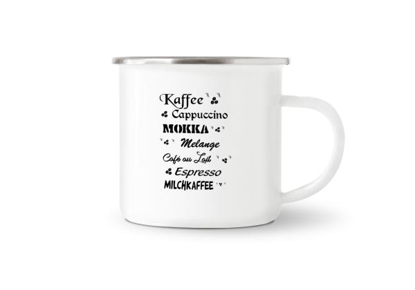 Tasse Kaffee - Kaffeesorten - Emaillebecher weiß - 2 Größen