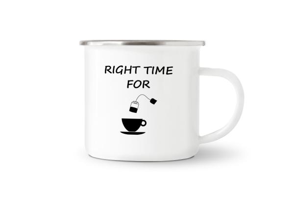 Tasse Tee - RIGHT TIME FOR (Teetasse + Teebeutel) - Emaillebecher weiß - 2 Größen