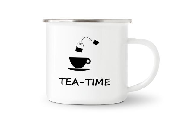 Tasse Tee - TEA-TIME (Teetasse + Teebeutel) - Emaillebecher weiß - 2 Größen