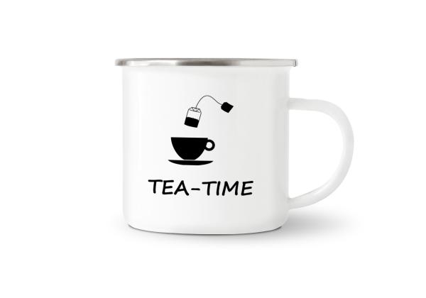 Tasse Tee - TEA-TIME (Teetasse + Teebeutel) - Emaillebecher weiß - 2 Größen