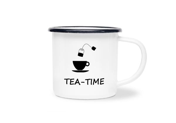 Tasse Tee - TEA-TIME (Teetasse + Teebeutel) - Emaillebecher weiß - 2 Größen