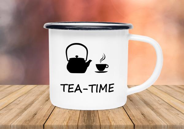 Tasse Tee - TEA-TIME (Teekanne + Teetasse) - Emaillebecher weiß - 2 Größen