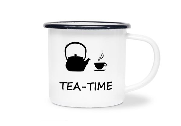 Tasse Tee - TEA-TIME (Teekanne + Teetassen) - Emaillebecher weiß - 2 Größen
