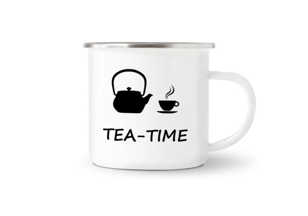 Tasse Tee - TEA-TIME (Teekanne + Teetasse) - Emaillebecher weiß - 2 Größen