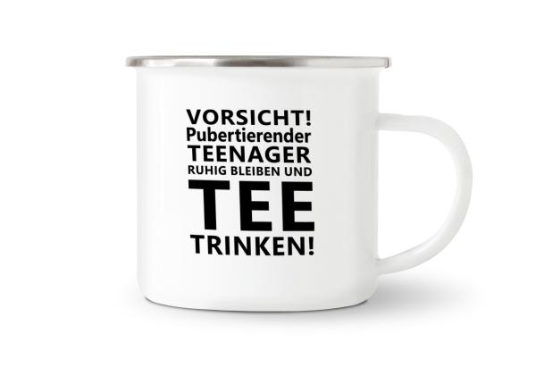 Tasse Tee - Vorsicht! Pubertierender Teenager - Emaillebecher weiß - 2 Größen